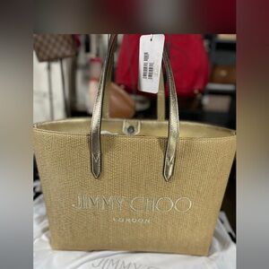 Jimmy Choo gold and raffia tote